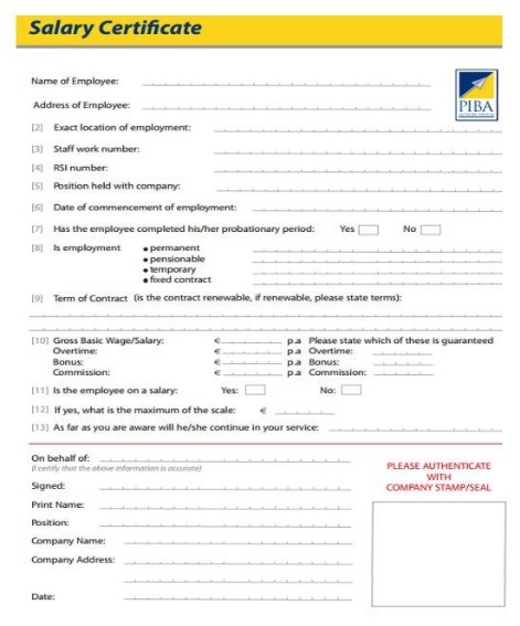 salary certificate format