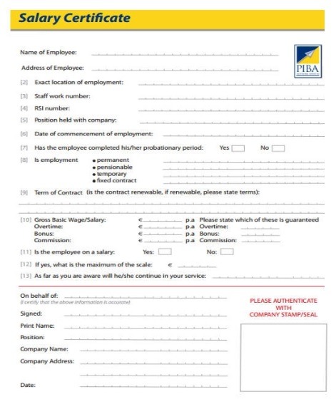 Salary Certificate Format