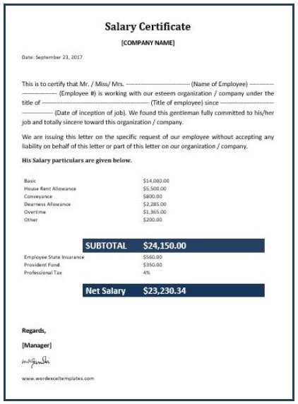 Salary Certificate Format