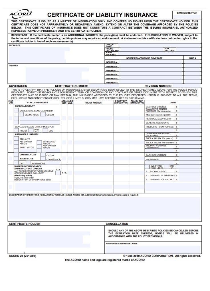 Certificate of Liability Insurance Template